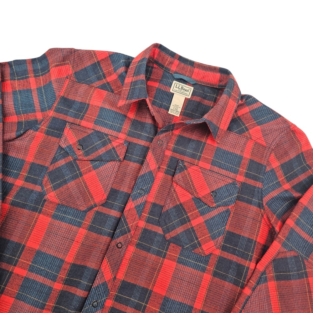 LL Bean Mens Plaid Flannel Shirt Red Navy Blue Wool Blend Tall Large 298103